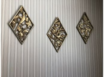 Vintage Burwood Diamond Shaped Gold Wall Decor Plaque - Set Of 3