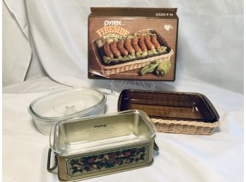 Boxed Pyrex Dish With Basket, 10' Corning Ware Baking Dish & Teleflora Tin With Glass Loaf Pan