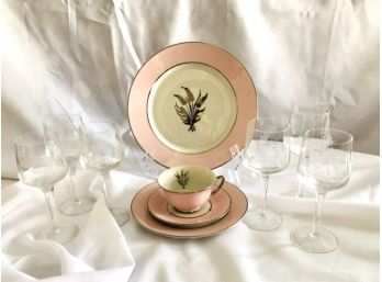 Royal Jackson Countess Silver Wheat Pink China - 5 Place Settings & Vintage Wine Glasses