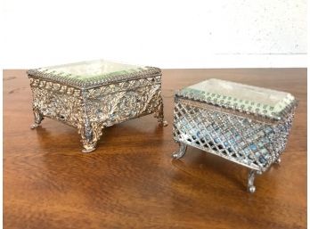 Vintage Pair Of Silverplate & Beveled Glass Jewelry Boxes