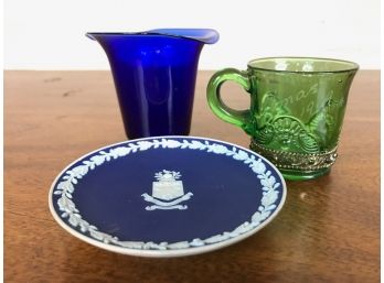 Cobalt Glass, Wedgwood Dish & Antique Souvenir Glass
