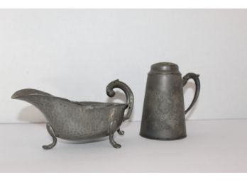 Sheffield Hammered Pewter Gravy Boat & Beautiful Etched Pewter Shaker