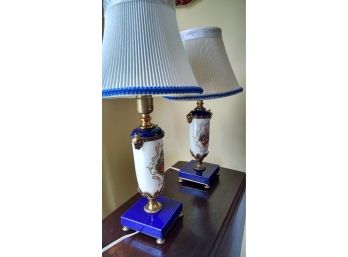 Pair Of Beautiful Victorian Porcelain Lamps W/shades (2)