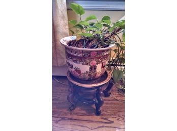 Asian Plant Pot And Stand W/indoor Plant Included