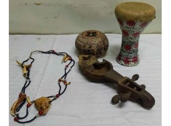 Tribal Artifacts Antique Bone Necklace, Drum, Etc..