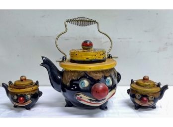 Antique Black Americana Clown Teapot Salt & Pepper With Teapot