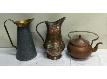 Two Pitchers And Copper Tea Kettle