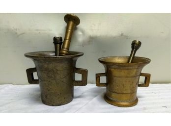 Two Antique Brass Mortar & Pestle