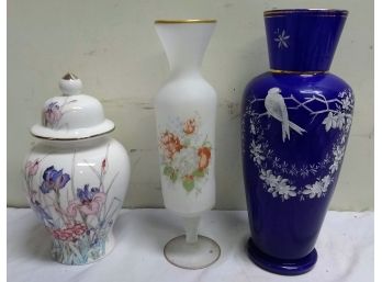Three Hand Painted Vases Seizan And Others