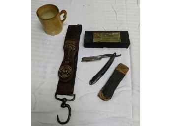 Antique Shaving Items - Sharpeners, Shaving Cup & Straight Razor