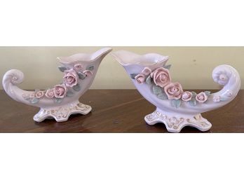 Beautiful Pair, Lefton Cornucopia Pink Rose Vases