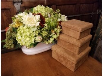 Trio Of Suede Boxes And Ceramic Floral Planter - WSP