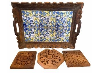 Vintage Carved Wood & Tile Tray With Wood Trivets