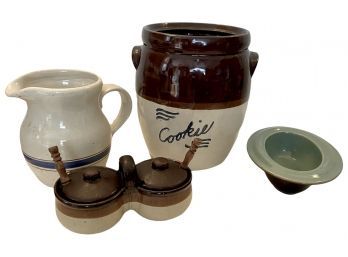 Vintage Stoneware Large Crock,  Condiment Caddy, Pitcher And Oval Casserole
