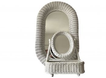 Vintage Wicker Large Oval Mirror And Vanity Mirror