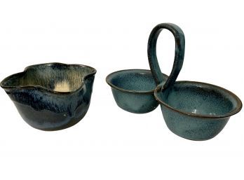 Joan Mallick Block Island Blue Pottery Small Bowl And Condiment Caddy