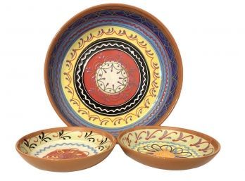 Three Piece Vibrantly Glazed Terra Cotta Bowl Set