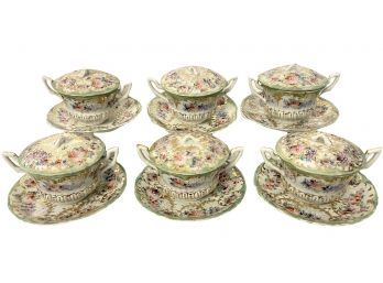 Set Of Six Antique Cream Soup Bowls With Lid And Saucers