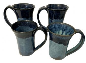 A Set Of Four Joan Mallick Block Island Blue Pottery Mugs 5' X 4.5'