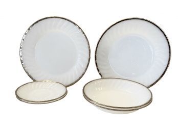 Six Fire King Milk Glass Plates With Gold Rim