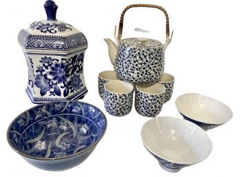 Blue And White Eight Piece Asian Ceramic Lot