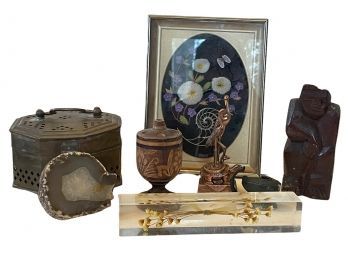 Collection Of Objects - Brass Cricket Box, Geode, Shell Art & More