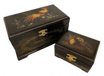 Two Lacquered Wood Jewelry Boxes - Panda And Rooster