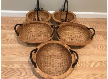 5 PC Coordinating Wooden  Footed Wicker Baskets With Solid Wood Edge And Metal Handles