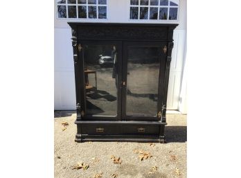 Circa 1860-1900,  Late Victorian Black Bookcase Display Cabinet, Knapp Joint Drawer Construction