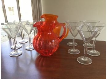 Pool Side Plastic Lot #1 - 2 Orange Pitchers And 10 Martini Glasses