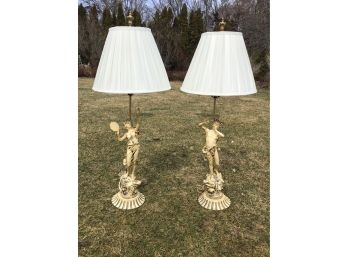 Pair Of Victorian Lamps CH Levy Style, Spelter Metal Figurines Playing Musical Instruments - 42.5H