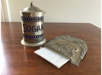 Vintage Silver Plated Table Crumb Sweeper And Hammered Sugar Canister, Unmarked