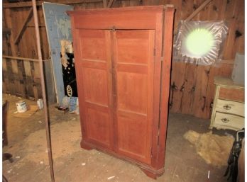 Early Antique Pine Corner Cabinet In Original Red Paint
