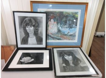 Grouping Charcoal Drawings, Photograph, Frames