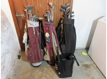 3 Sets Of Golf Clubs With Bags And Balls