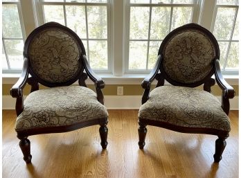 Medallion- Back Carved And Upholstered Open Armchairs- A Pair ( New! )