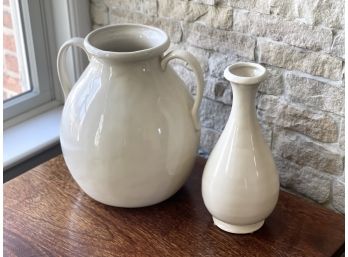 A Large Ceramic Double Handle Vase & A Crackle Ivory Bud Vase