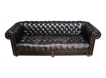 Black Leather Tufted Couch With Brass Nailhead Trim