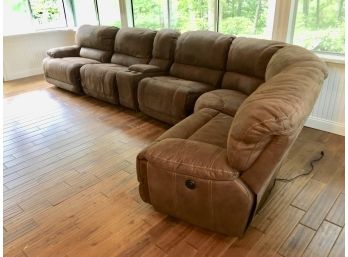 Six Piece Raymour And Flanigan Suede Sectional Sofa With Three Motorized Recliners