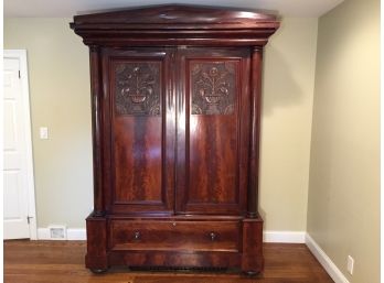Antique Hand-Carved Flame Mahogany China Or Linen Cabinet