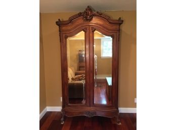Stunning Hand-Carved Hardwood Storage Cabinet With Beveled Glass Mirror Double Doors.