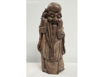 Vintage Asian Carved Wooden Man With Staff - God Of Longevity