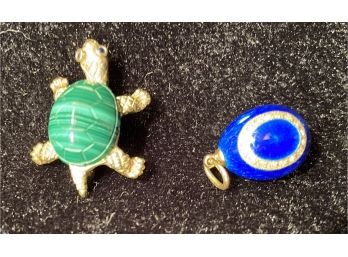 Tiny Faberge Egg Pendant And A Malachite And Gold Turtle Pin