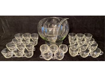 Large Blown Glass Punchbowl, Ladle And Several Sets Of Cups