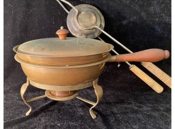Antique Copper Chaffing Dish And Stand With Several Warming Accessories Included