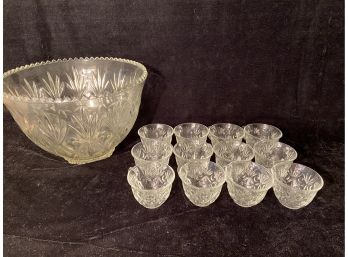 Saw Tooth Edged Glass Punch Bowl With Two Sets Of Twelve Cups