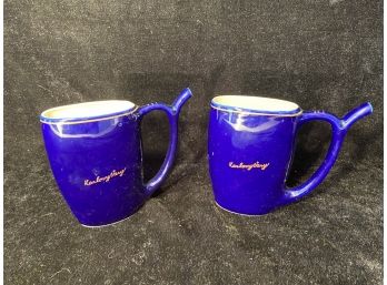 Two Vintage Thin Blue Ceramic Cups With Built In Sipping Straw In The Handle