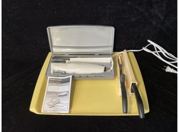 MCM Carving Set, Hamilton Beach Electric Knife And A Yellow Plastic Tray