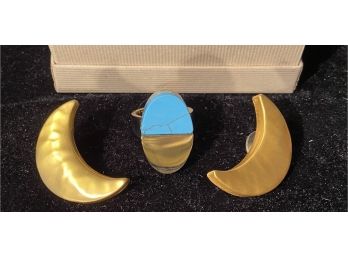 Gold Tone Crescent Moon Earrings And Turquoise And Gold Tone Ring