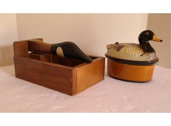 A Vintage Wooden Goose Nut Cracker And A Portuguese Ceramic Mallard Box, Both EUC